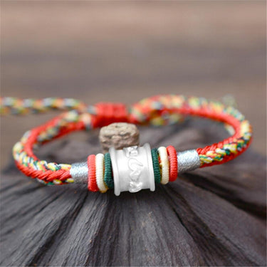 PURE SILVER Ethnic Tibetan Six Syllable Mantra Charm & Rope Bracelet